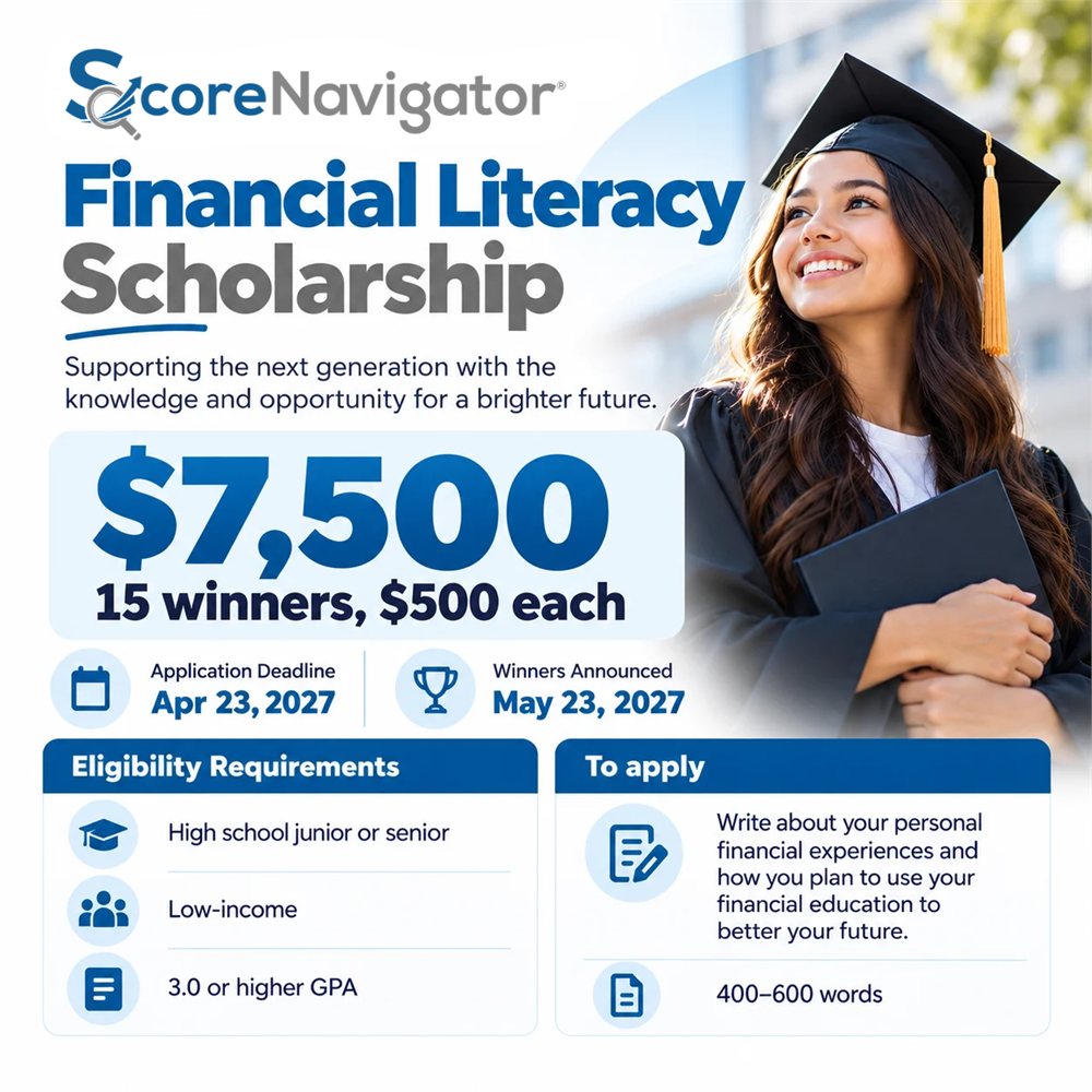ScoreNavigator Financial Literacy Scholarship 2026-27 - $7,500, 15 winners, $500 each. Application deadline Apr 23, 2027.